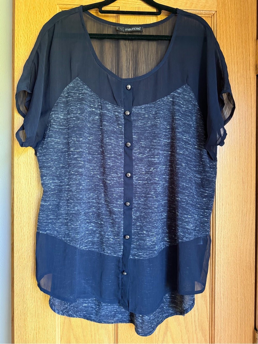 Maurices Plus Size 1 Mixed Media Chiffon Accent Button Front Top Navy
